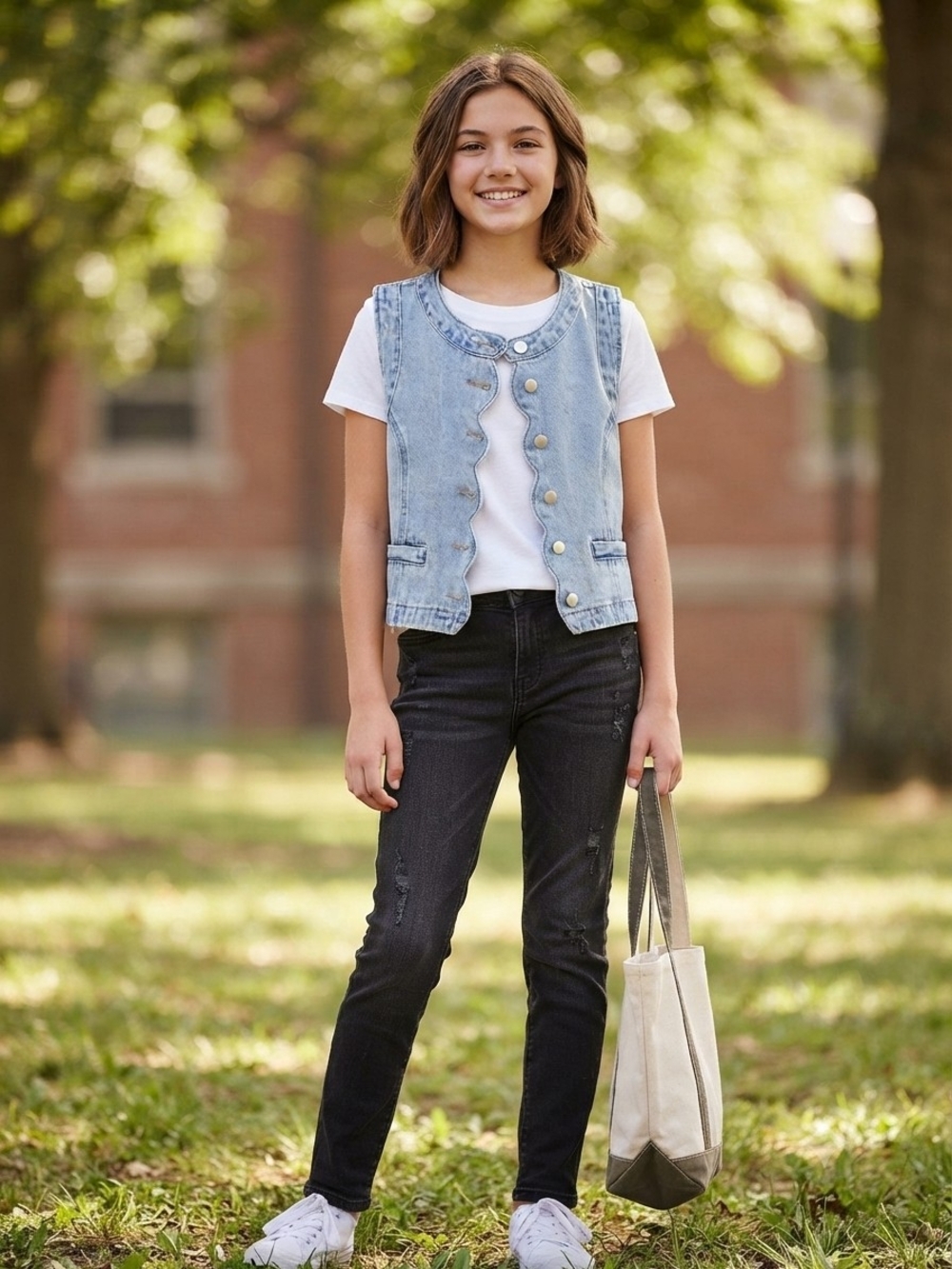 Workshop Republic Clothing Light Blue Denim Scalloped Vest for Kids
